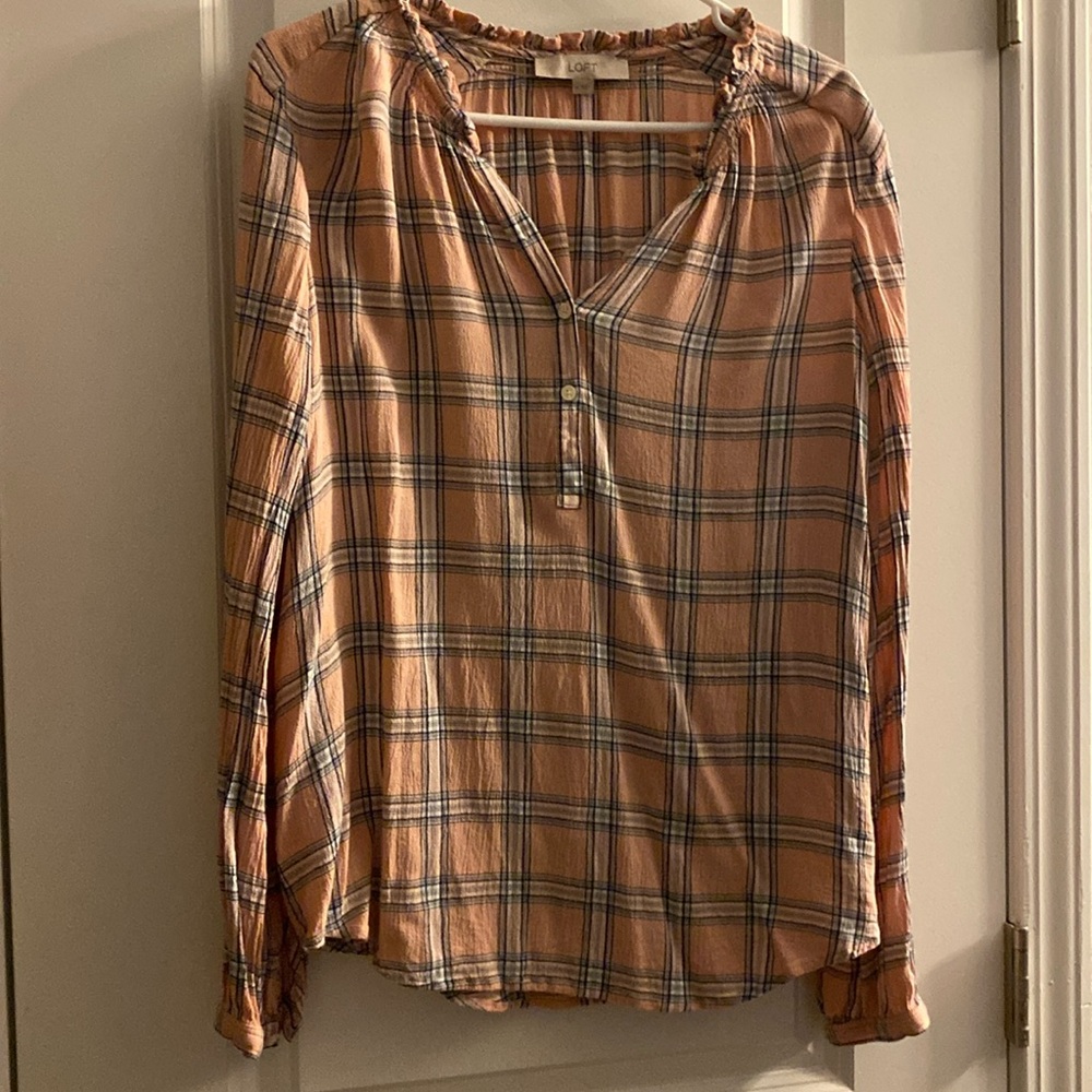 LOFT Plaid Peach and Blue Blouse